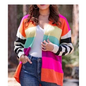 Dopamine Colorful rainbow Striped Cardigan with black and white striped sleeves